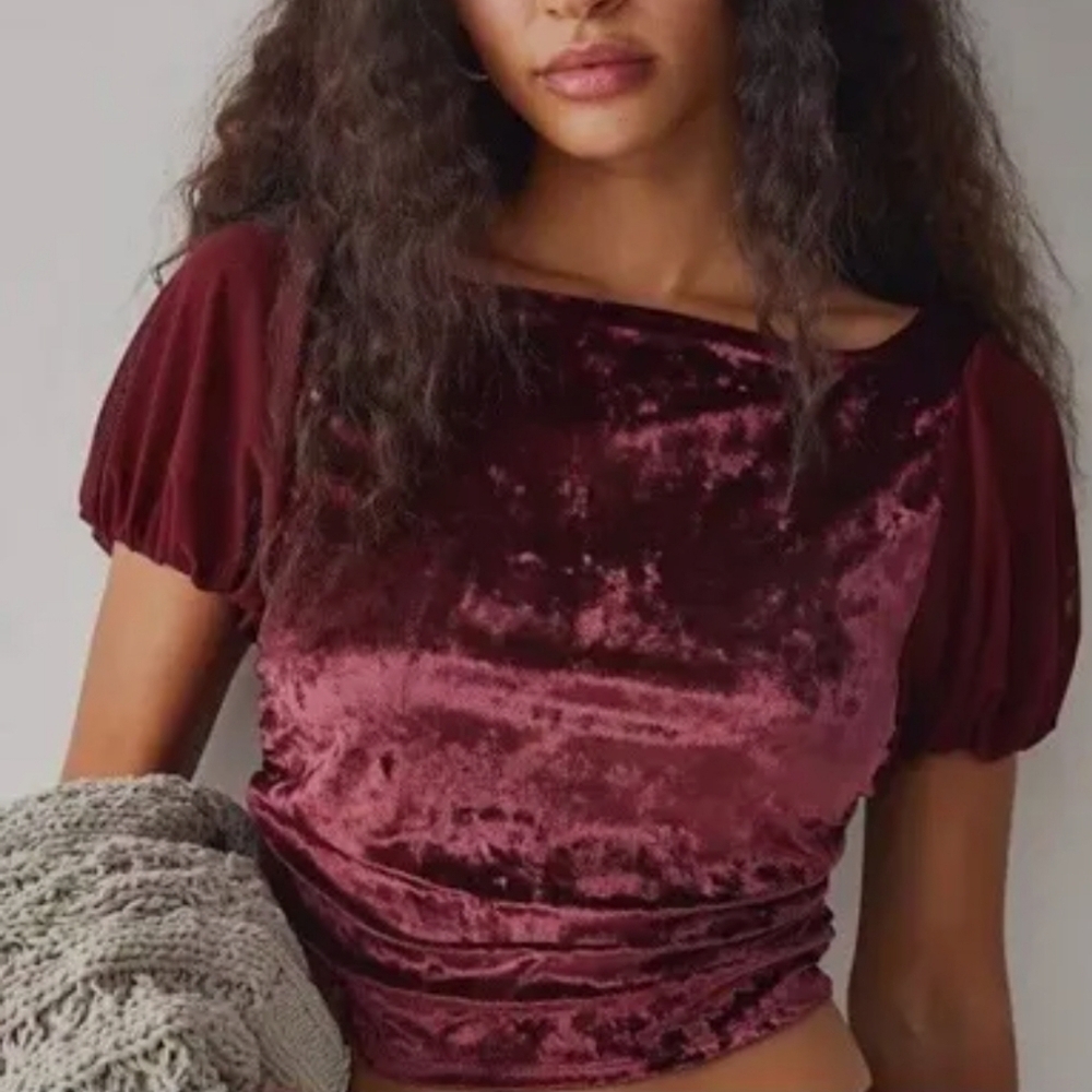 NWOT FREE PEOPLE INTIMATELY Burgundy Midnight mood velvet mesh sleeves c…